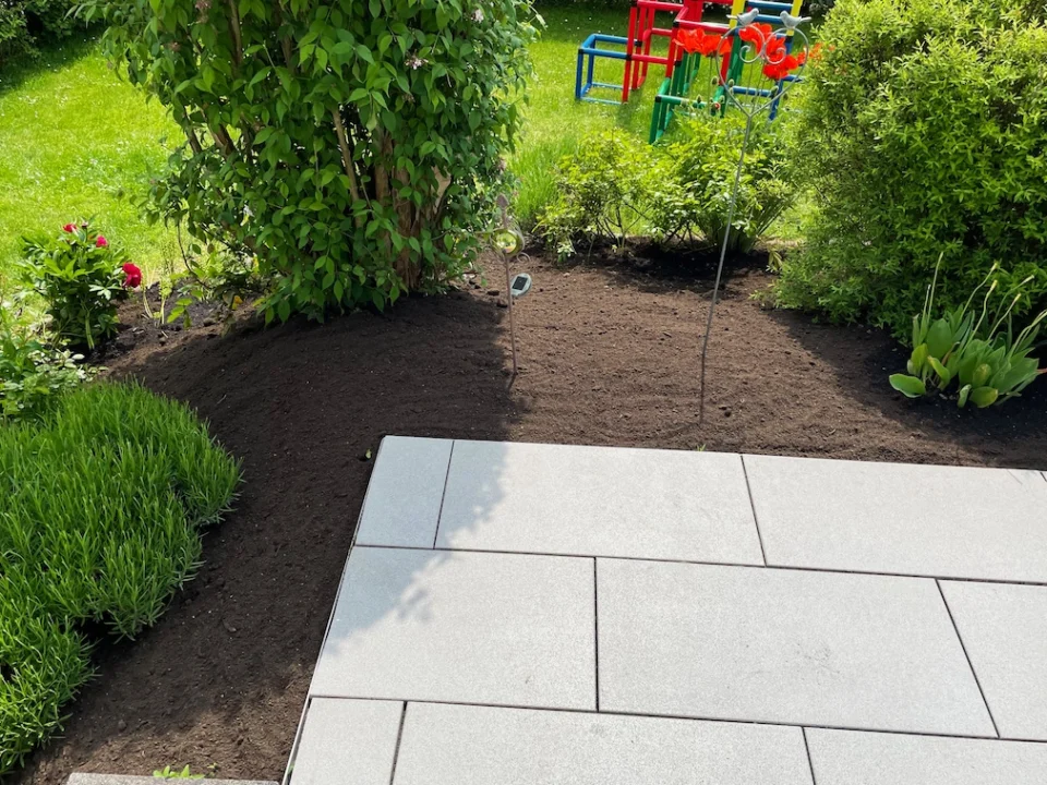 Terrasse mit frisch gepflanzten Grünpflanzen und gepflasterter Fläche